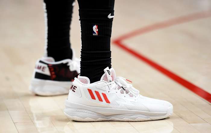 Portland Trail Blazers forward Keljin Blevins wears the adidas Dame 8.